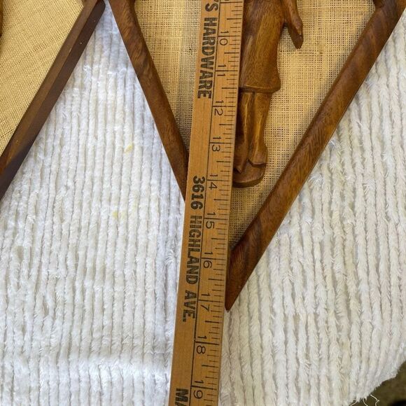 Vintage MCM Teak Burlap Art (2) - Picture 4 of 6